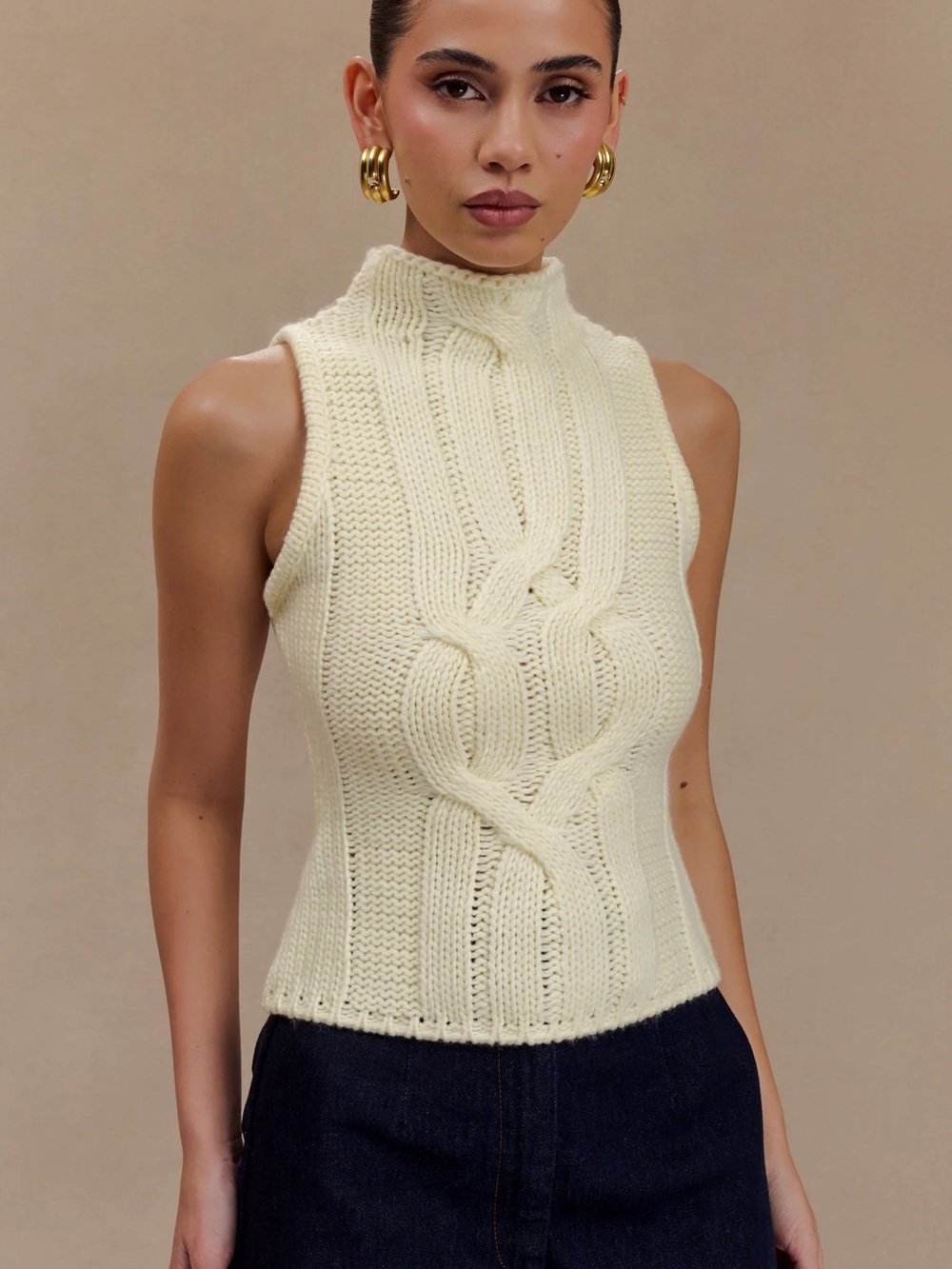 Meshki Cream Cable-Knit Sleeveless Turtleneck Sweater Tank